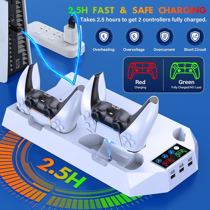 JAVRUNWOF محطة تبريد PS5/سليم/برو مع محطة شحن وحدة التحكم لجهاز بلاي ستيشن 5 سليم/برو، قاعدة تبريد PS5 ملحقات تبريد تشمل مروحة تبريد، 3 مراكز USB، حامل سماعة، برغي - أبيض - Image 3